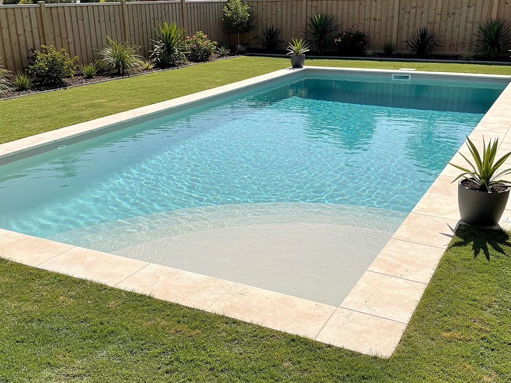 Piscine familiale avec plage immergée et margelles en pierre claire
