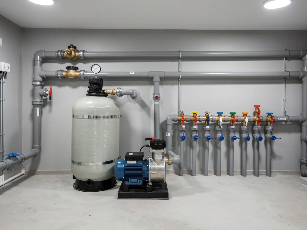 Local technique de piscine avec pompe à filtration et jeu de vannes